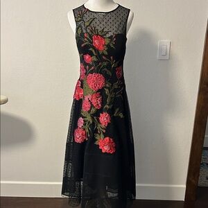 Teri Jon Black Dress with Red Floral Embroidery
